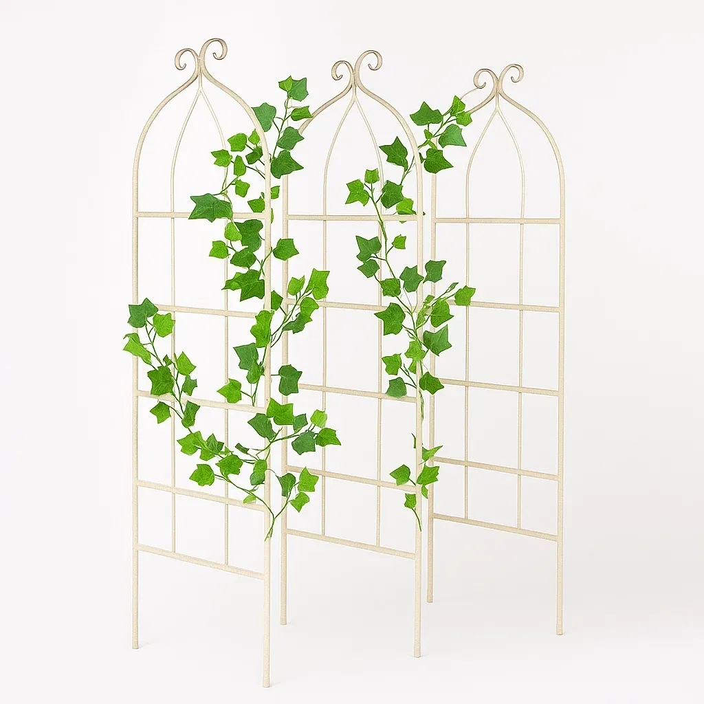 Tuteur de plante en métal blanc 3 panneaux avec treillis