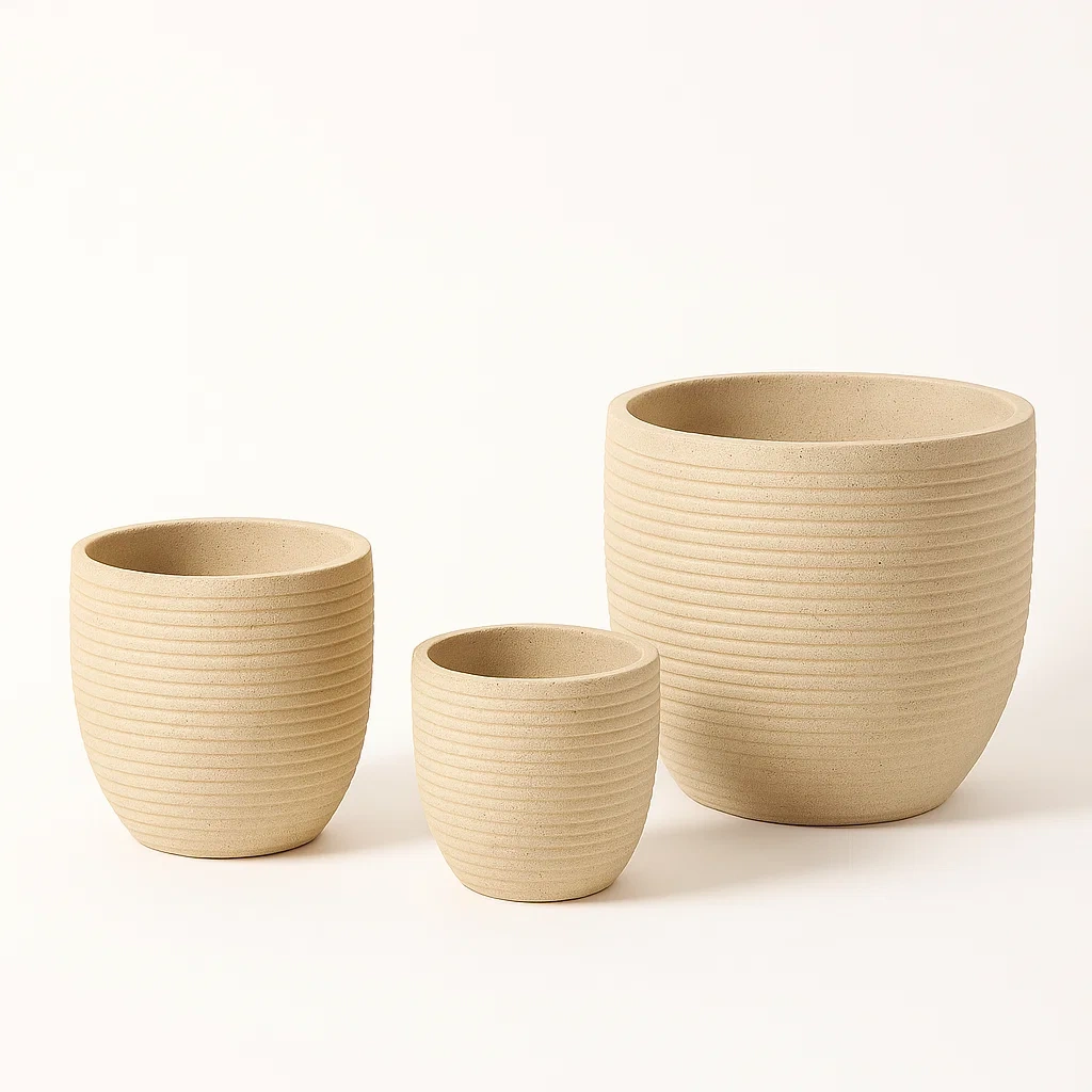 Pot de fleur en terre cuite beige strié rond, lot de 3