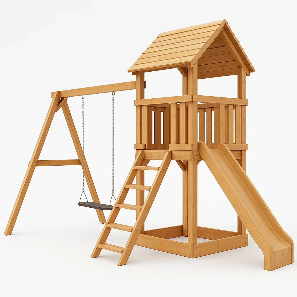 Tour de jeu en bois avec balançoire et toboggan 400x320x270 cm