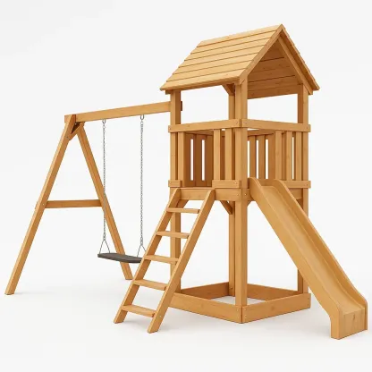 Tour de jeu en bois avec balançoire et toboggan 400x320x270 cm