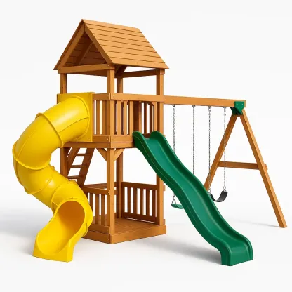 Tour de jeu en bois avec toboggans jaune et vert. balançoire et échelle