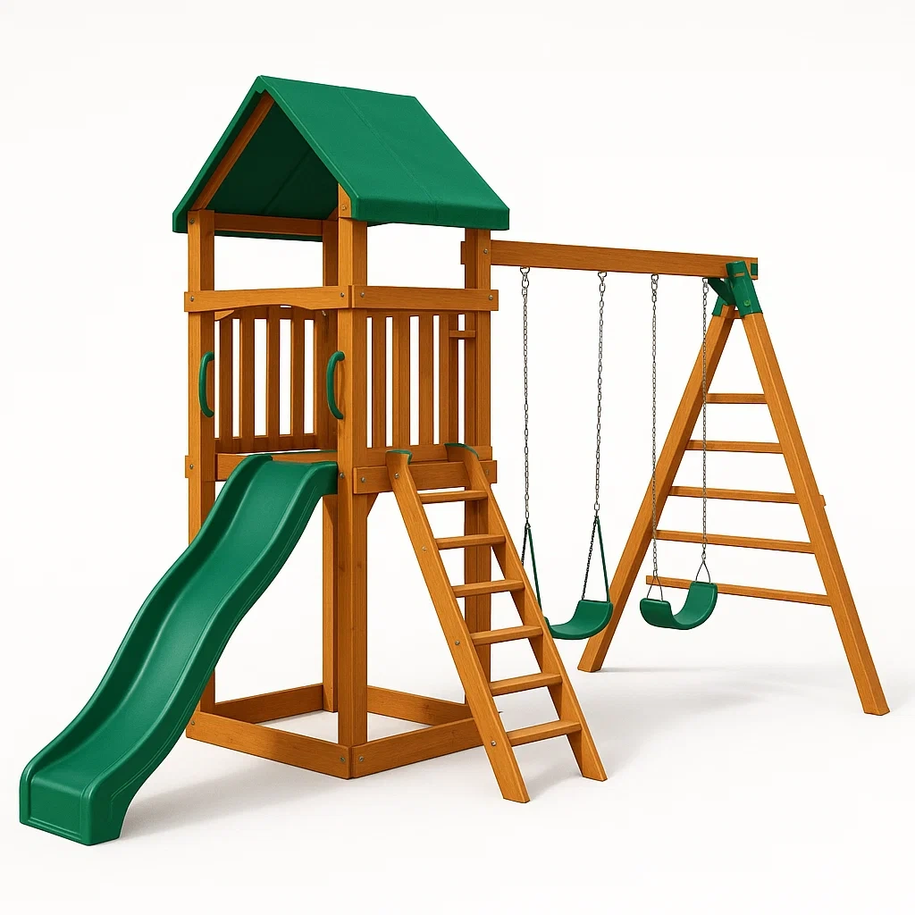 Tour de jeu en bois avec balançoire et toboggan vert pour enfants dimensions 320x280x240 cm