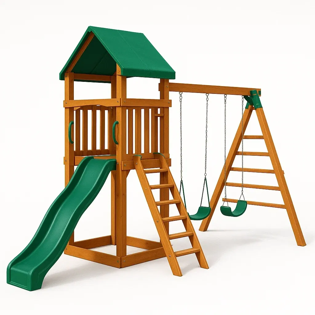 Tour de jeu en bois avec balançoire et toboggan vert pour enfants dimensions 320x280x240 cm