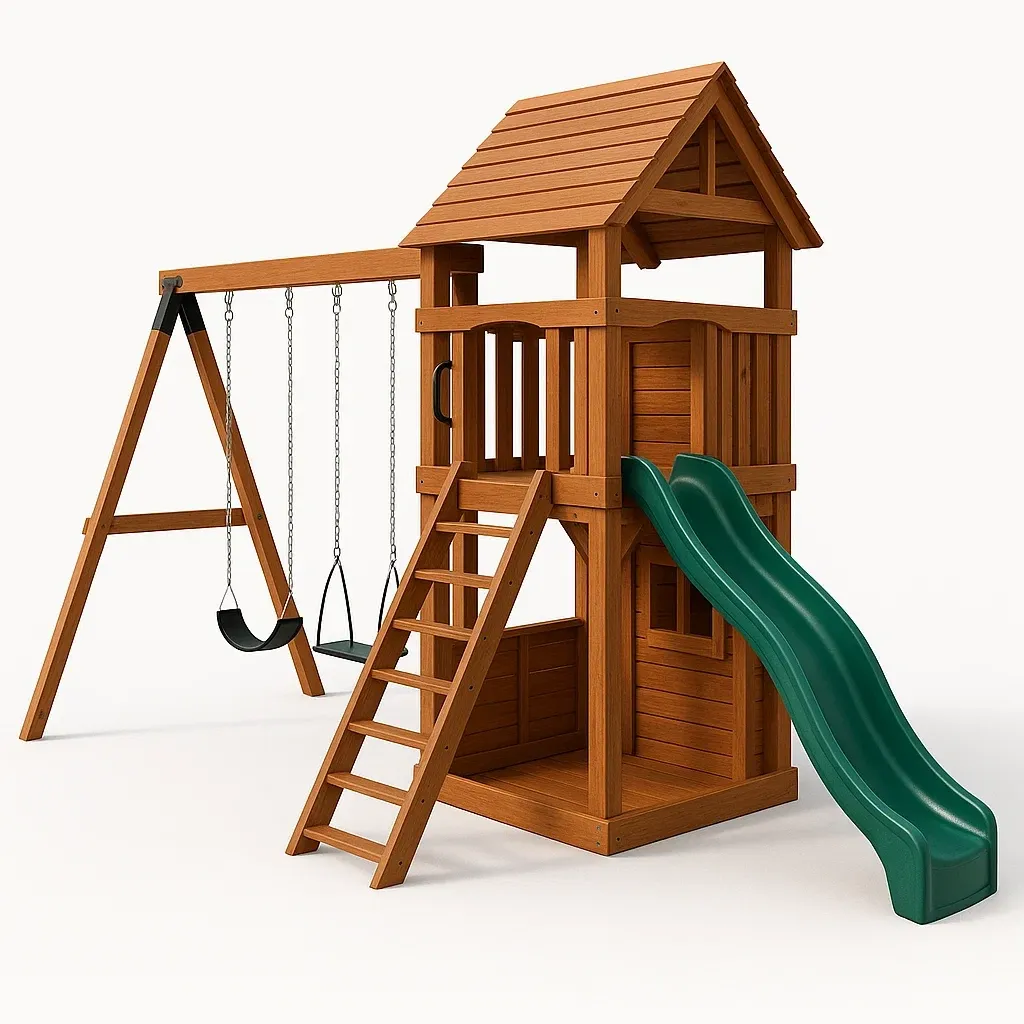 Tour de jeu en bois avec toboggan vert et balançoire