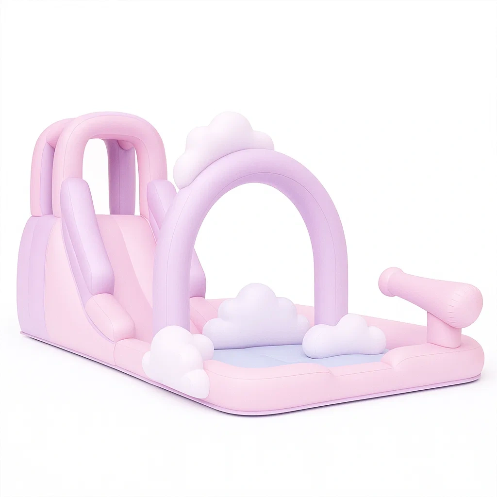 Château gonflable pour enfants en PVC rose et lilas avec nuages