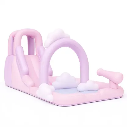 Château gonflable pour enfants en PVC rose et lilas avec nuages