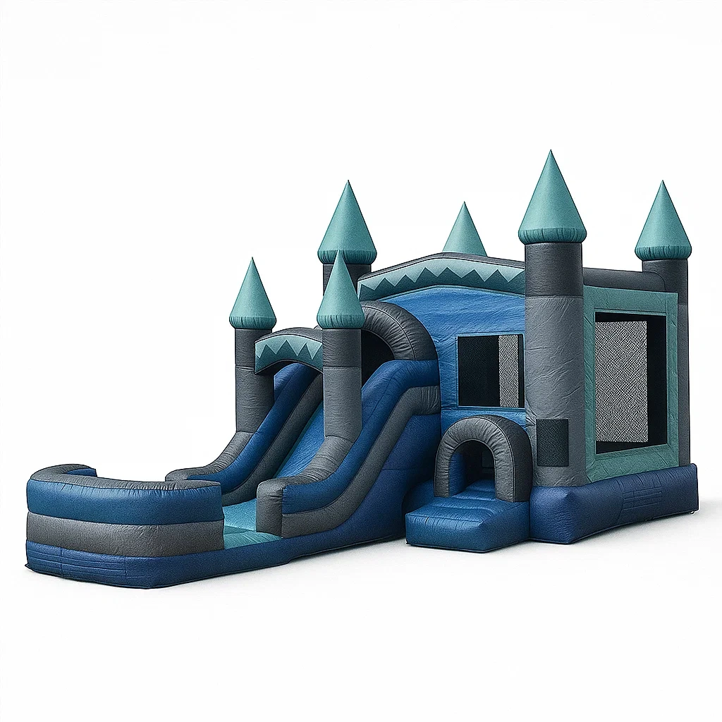 Château gonflable en PVC avec toboggan bleu et gris