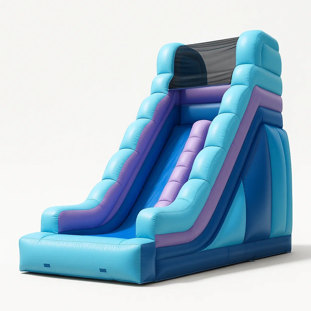 Château gonflable en PVC bleu et violet avec toboggan 400x180x250 cm