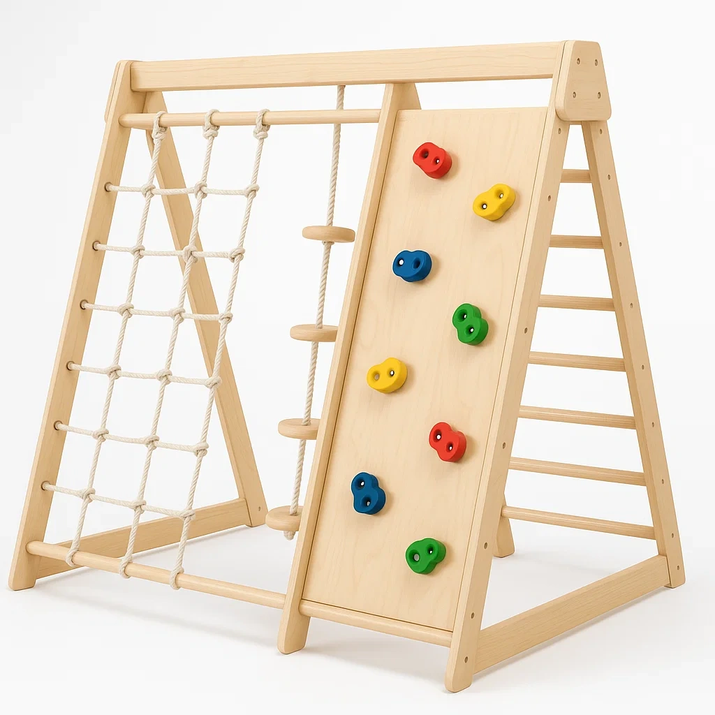 Équipement d'escalade pour enfants en bois avec mur et filet de corde