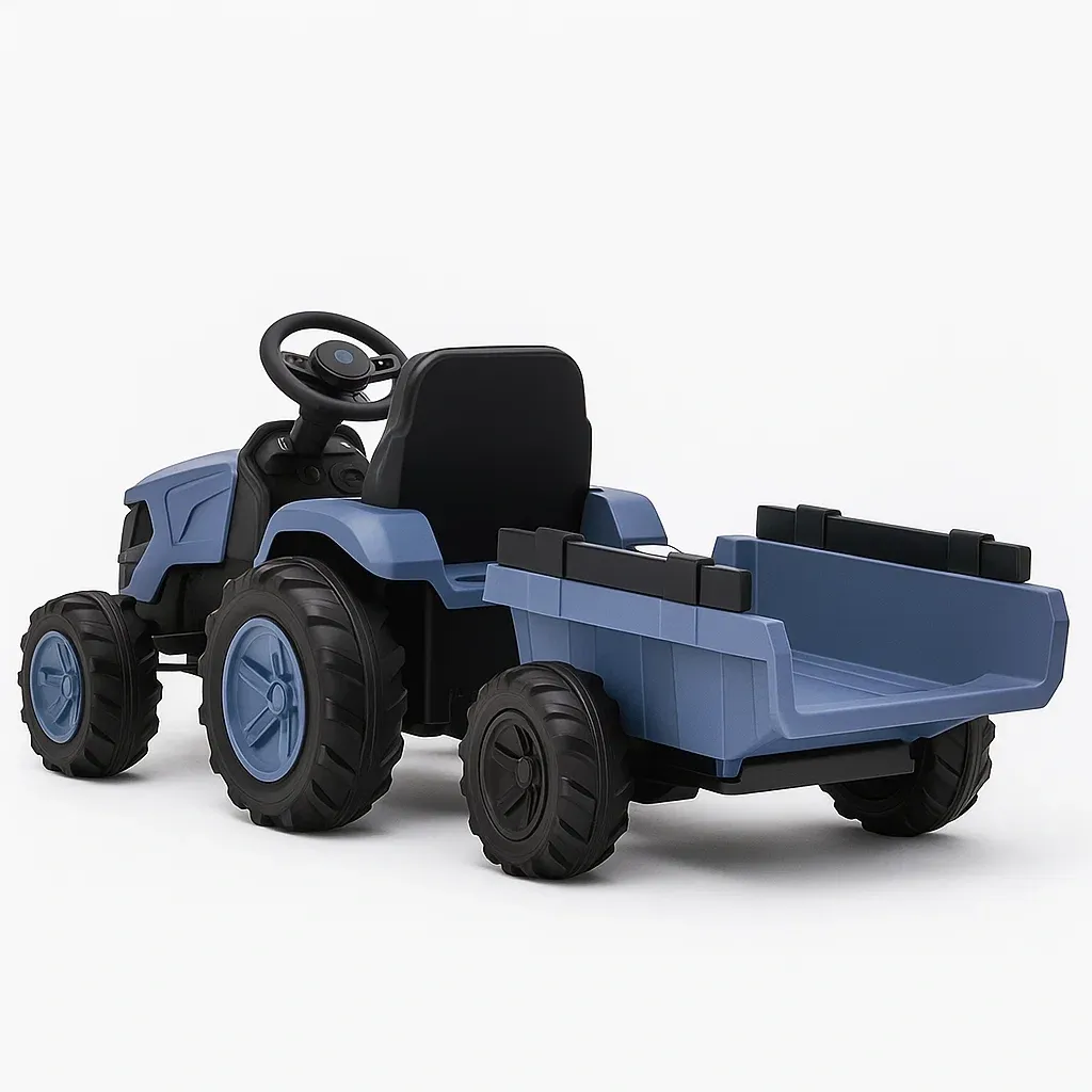 Véhicule pour enfant à pédales en plastique bleu avec remorque