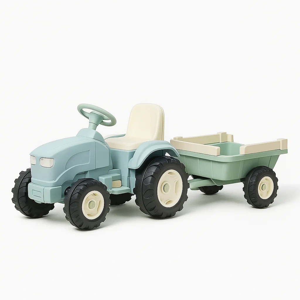 Véhicule pour enfant en plastique avec remorque bleu. vert et crème