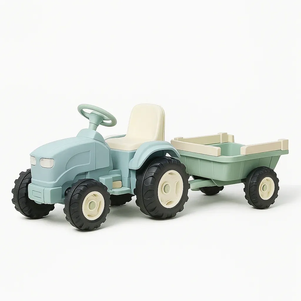 Véhicule pour enfant en plastique avec remorque bleu. vert et crème