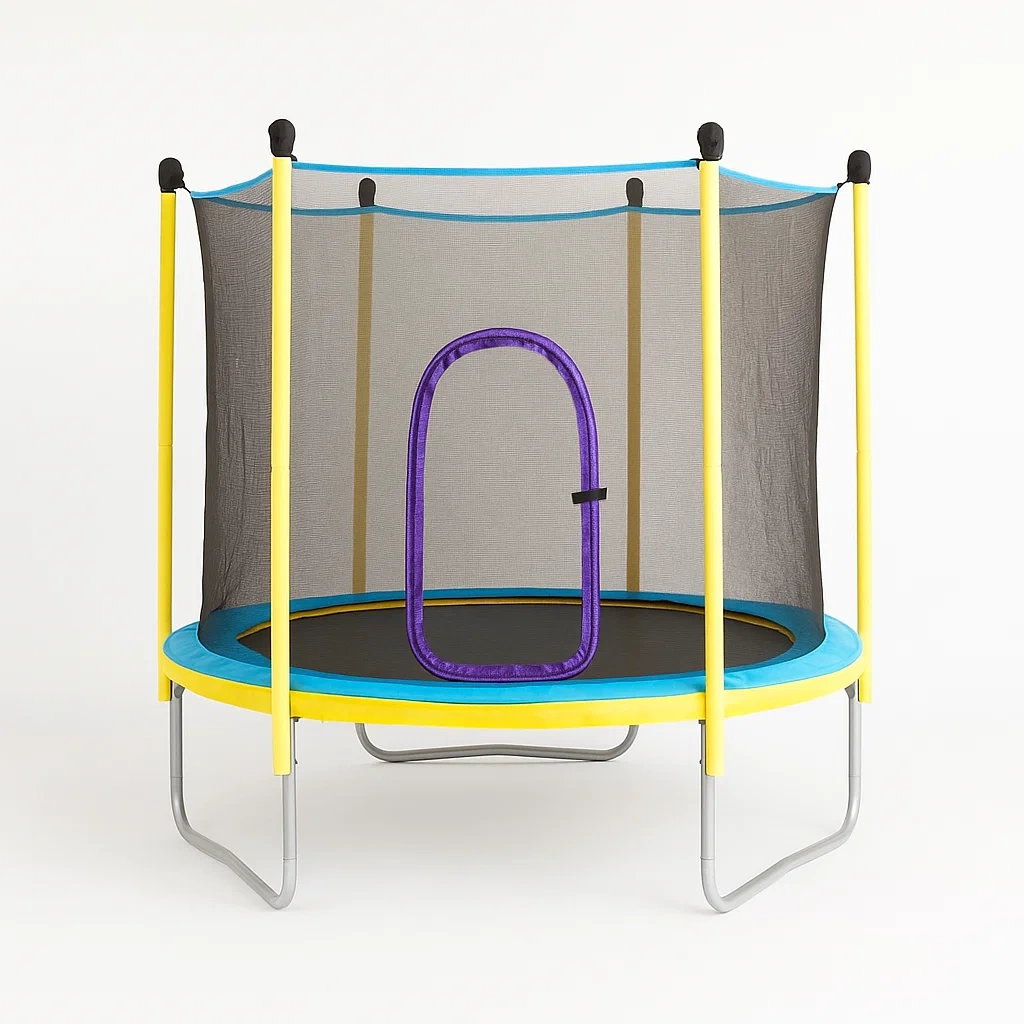 Trampoline avec filet de sécurité jaune. bleu et violet