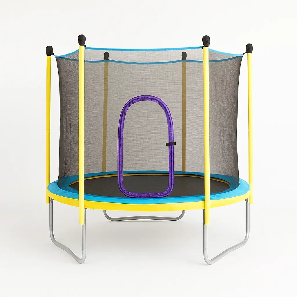 Trampoline avec filet de sécurité jaune. bleu et violet