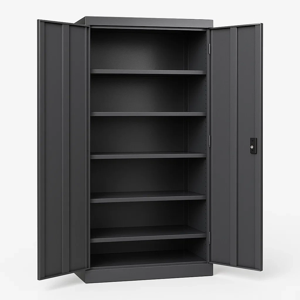 Armoire de garage en métal gris avec étagères réglables
