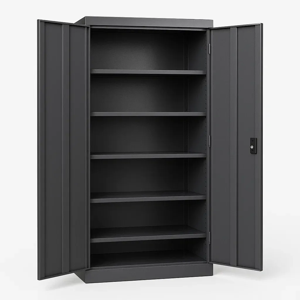 Armoire de garage en métal gris avec étagères réglables