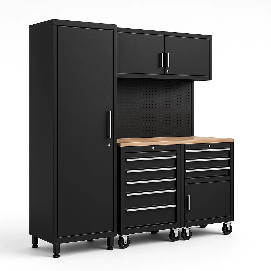 Armoire de garage et établi en acier noir avec plateau en bois