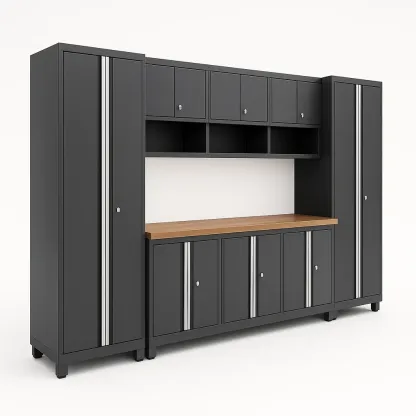 Armoire de garage en métal noir avec plan de travail en bois 183 cm x 46 cm x 198 cm