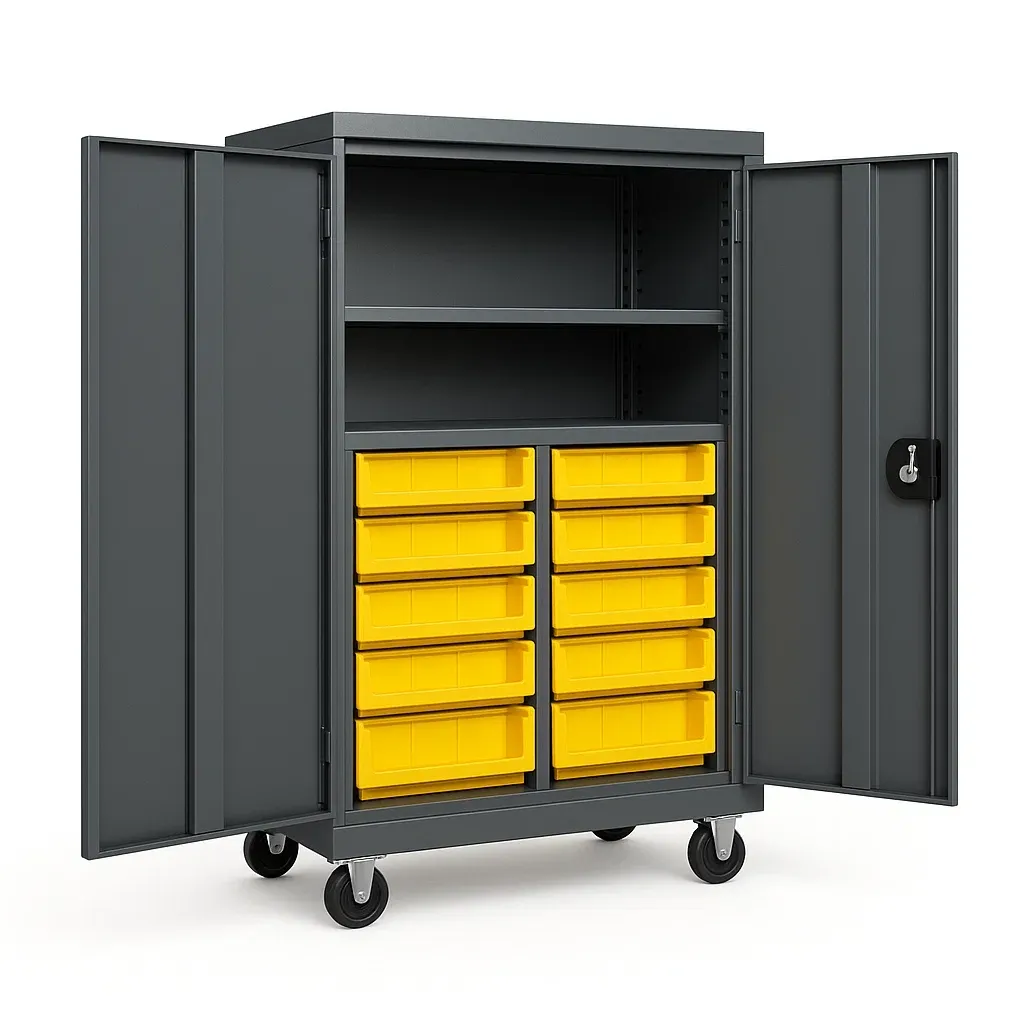 Armoire de garage en métal gris avec tiroirs en plastique jaune et roues