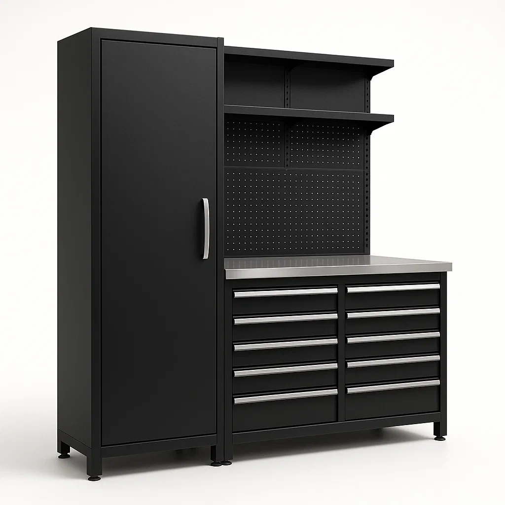 Armoire de garage en métal noir avec plan de travail en acier et tiroirs multiples