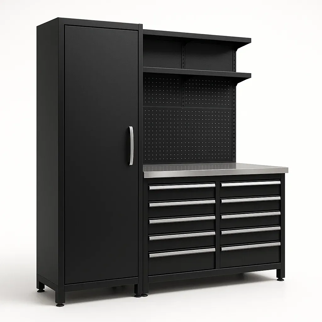Armoire de garage en métal noir avec plan de travail en acier et tiroirs multiples
