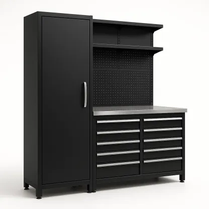 Armoire de garage en métal noir avec plan de travail en acier et tiroirs multiples