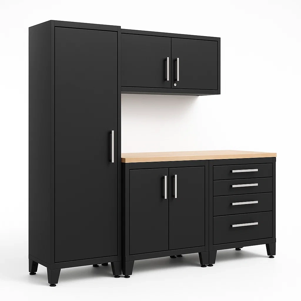 Armoire de garage ensemble de meubles en métal noir avec plan de travail en bois