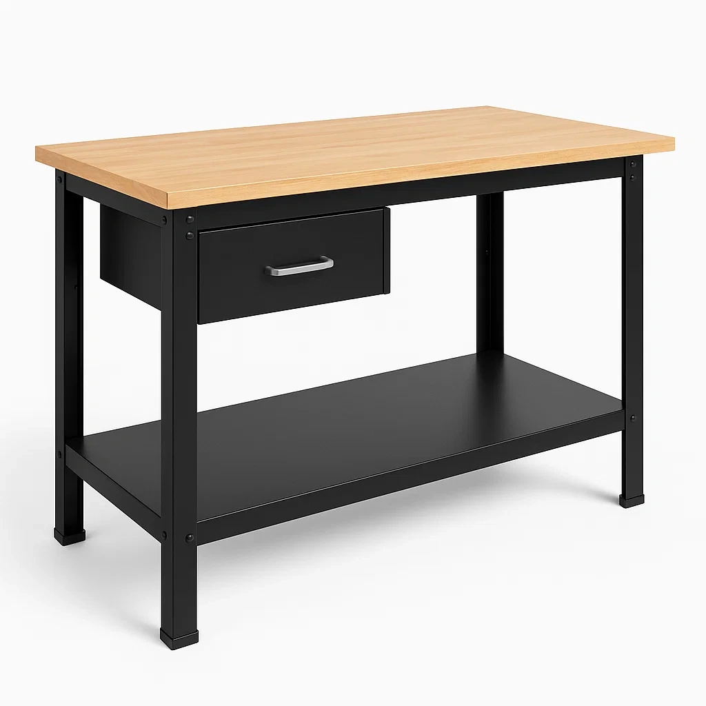 Établi avec plateau en bois et structure métallique noire 120 cm x 60 cm x 85 cm