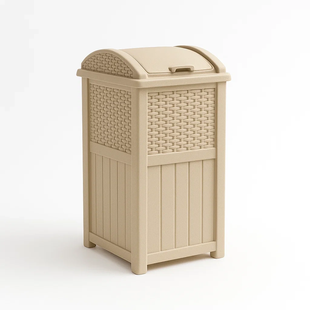 Poubelle en plastique beige avec couvercle rabattable