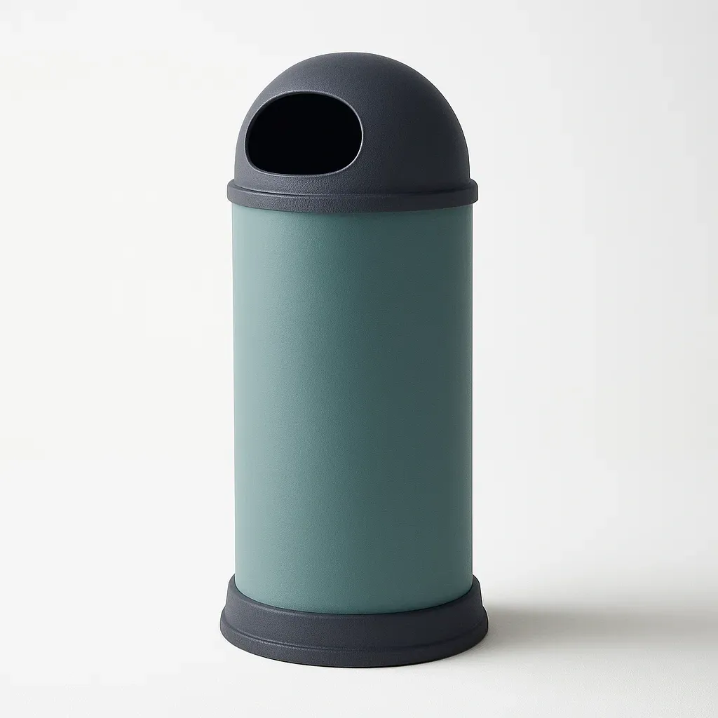 Poubelle en plastique verte et noire avec couvercle en dôme