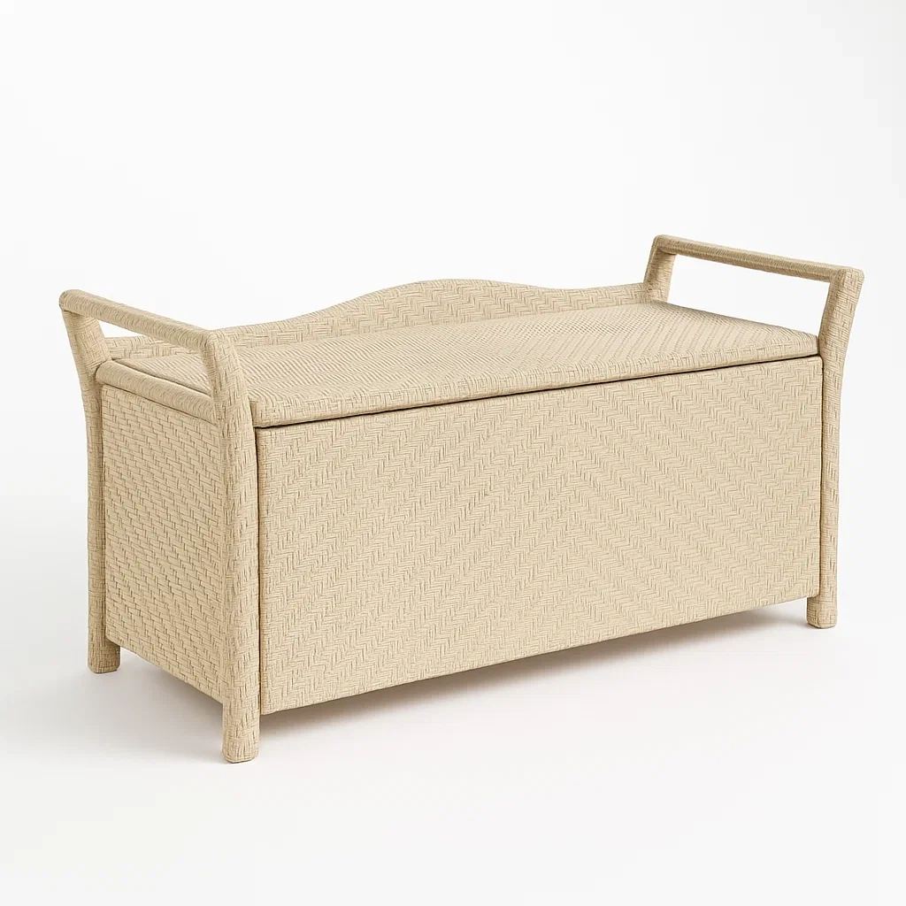Coffre de terrasse en bois et rotin synthétique beige 120 cm