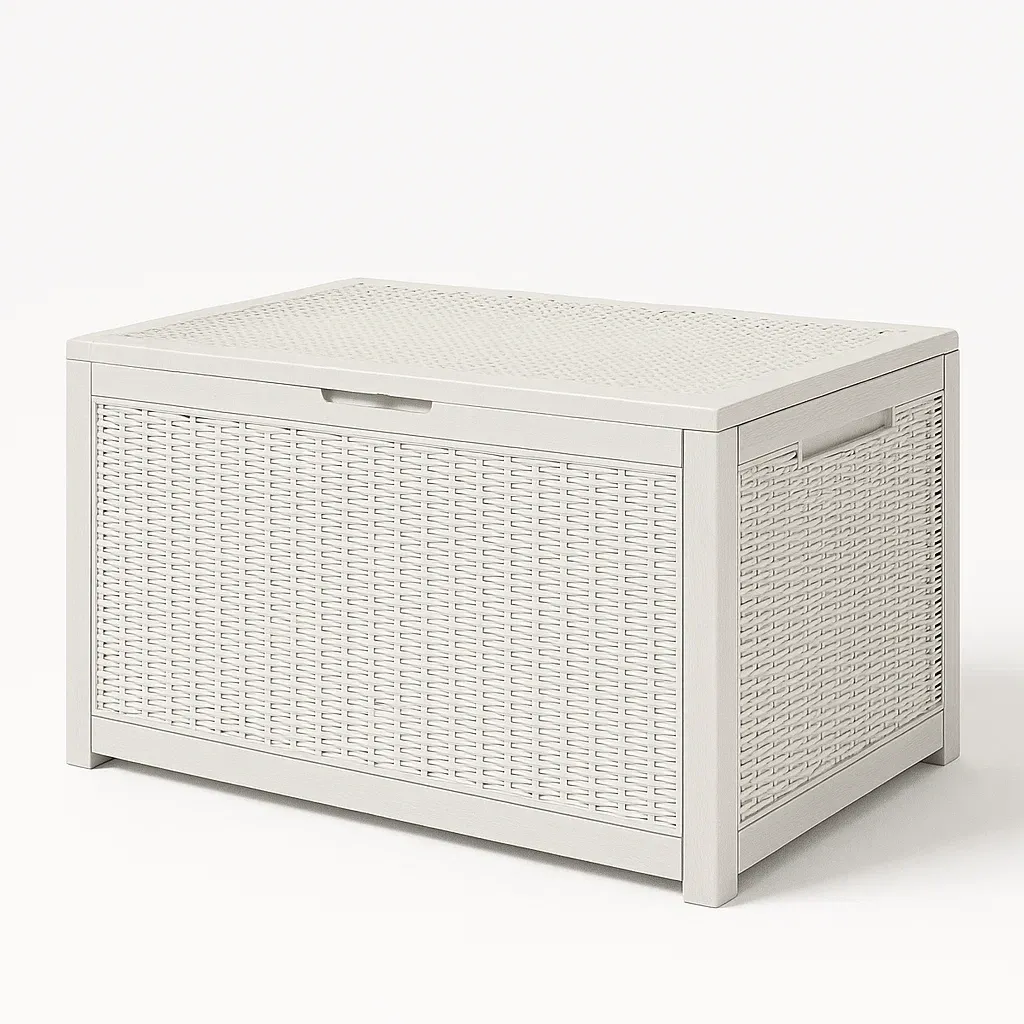 Coffre de terrasse en résine tressée blanc 78x58x45 cm