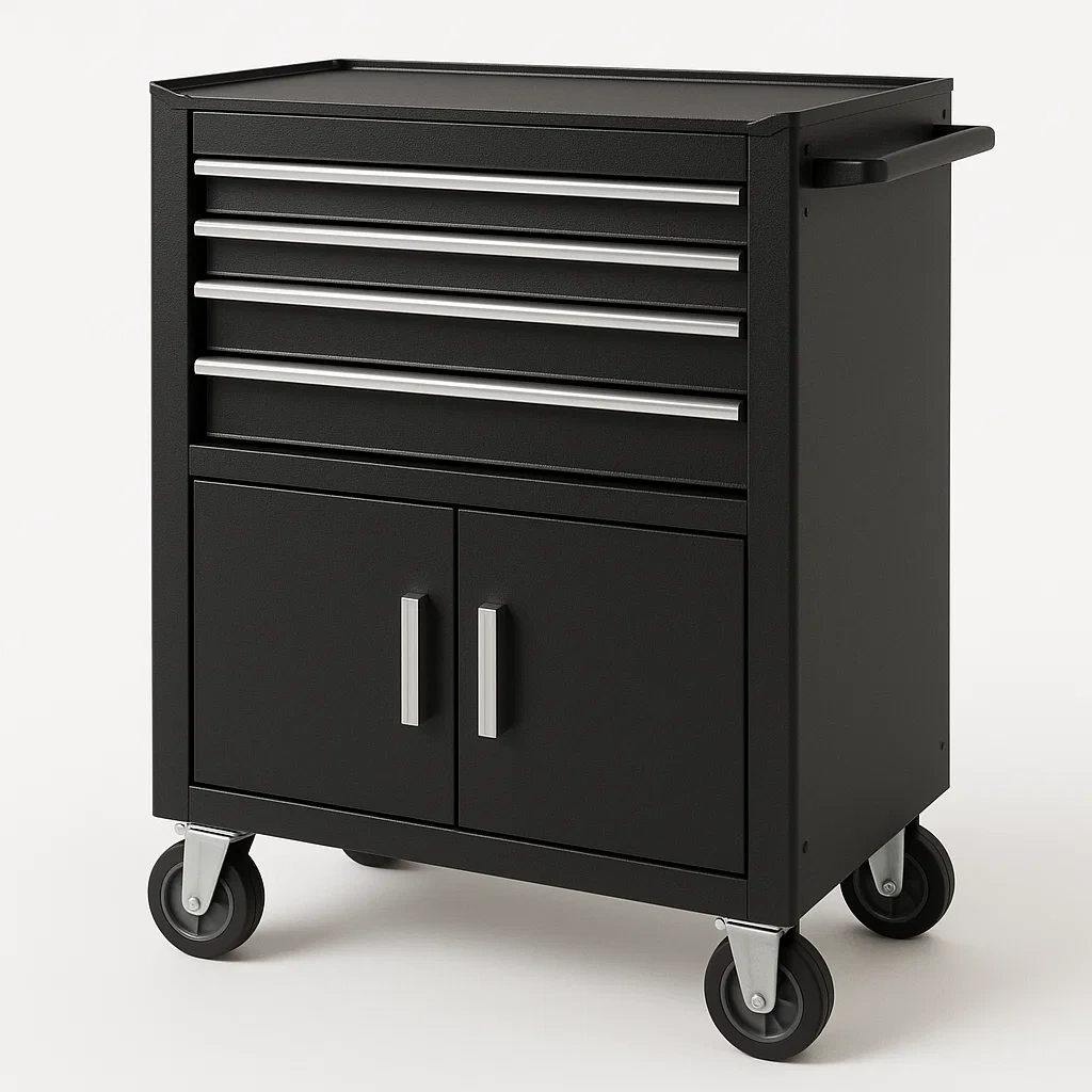 Armoire à outil en métal noir avec roulettes 4 tiroirs 2 portes 85x40x90 cm