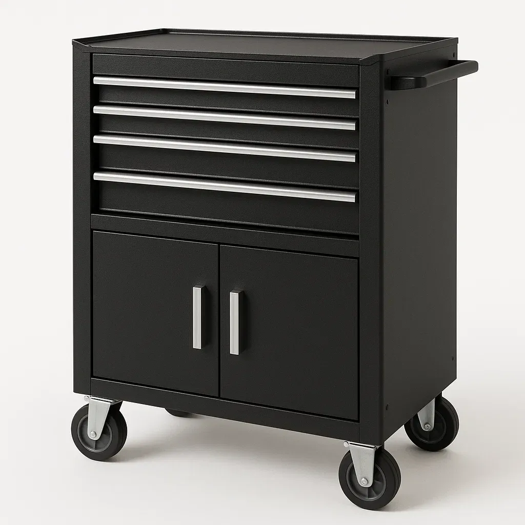 Armoire à outil en métal noir avec roulettes 4 tiroirs 2 portes 85x40x90 cm