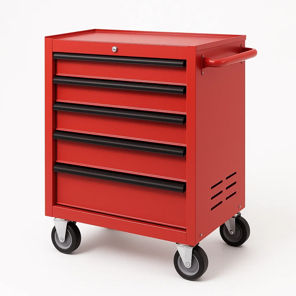 Armoire à outil en acier rouge avec 5 tiroirs et roulettes