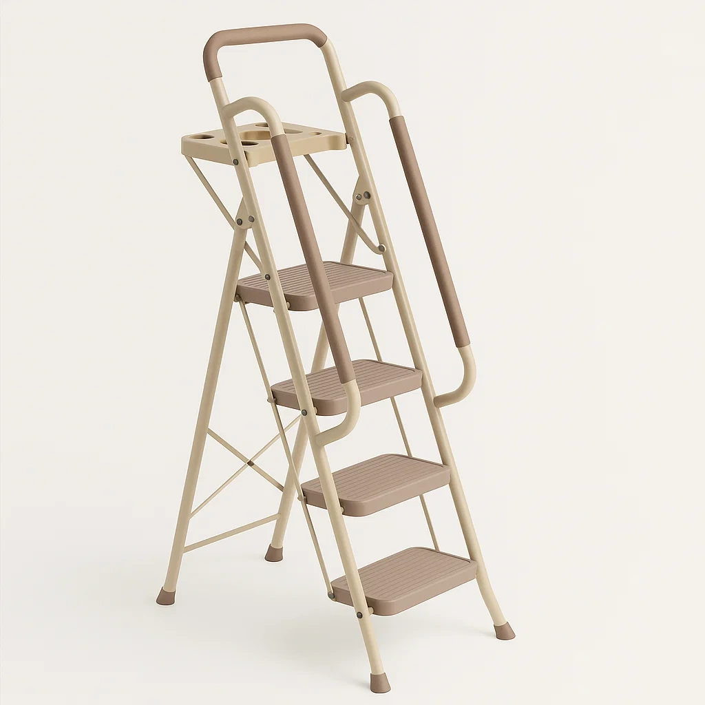 Échelle pliante en métal 4 marches avec poignées beige et marron