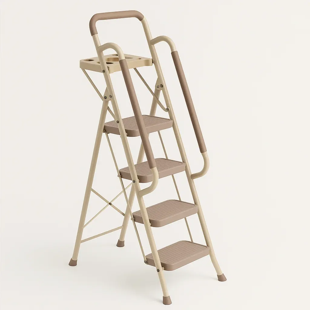 Échelle pliante en métal 4 marches avec poignées beige et marron