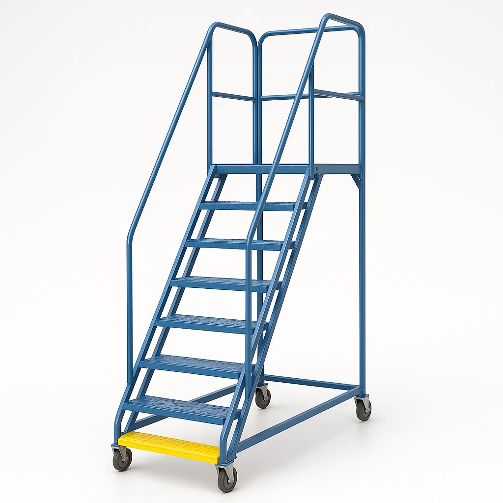 Échelle roulante en acier bleu avec roulettes