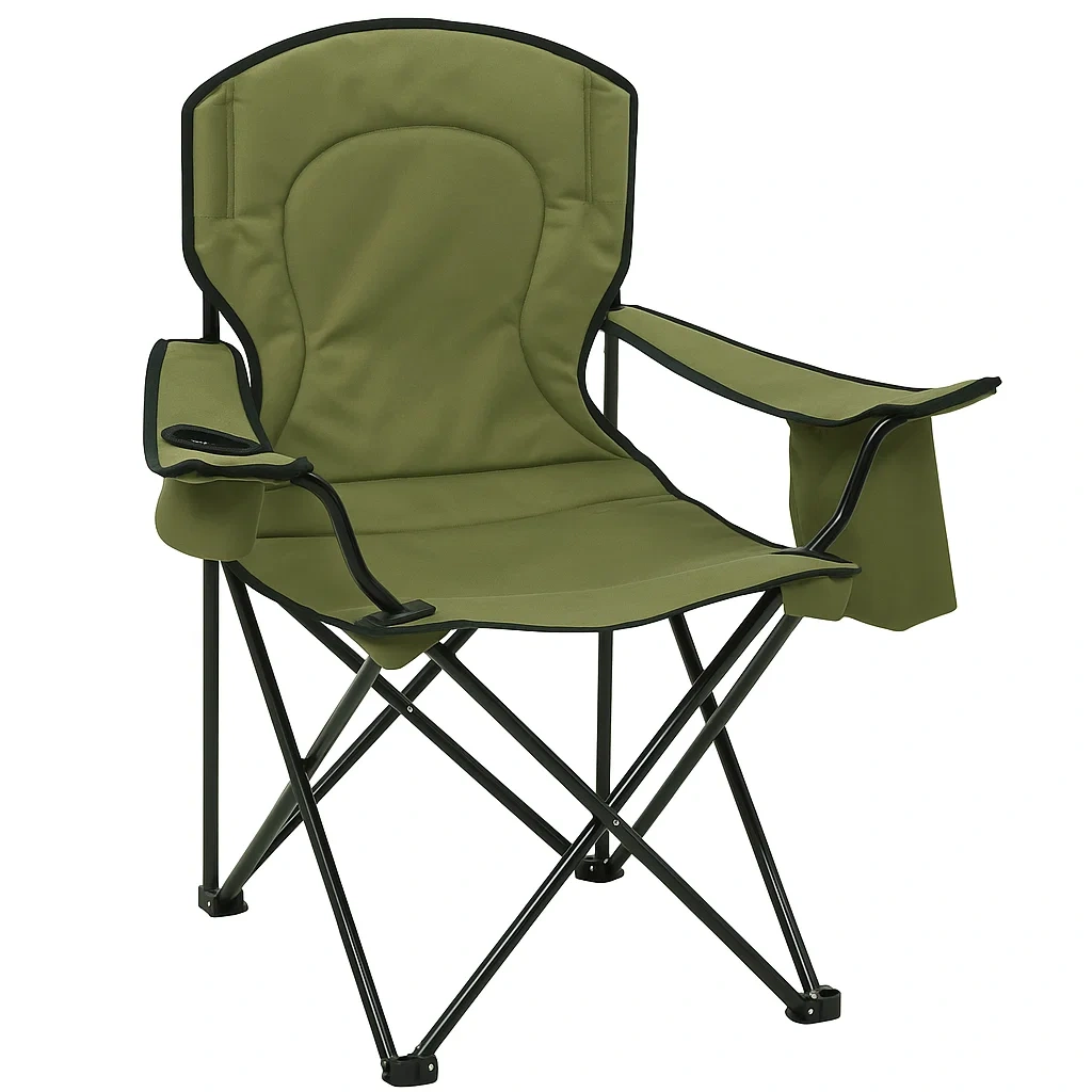 Chaise de camping en acier et polyester vert avec porte gobelet
