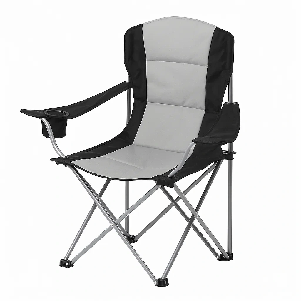 Chaise de camping en acier et polyester gris avec porte gobelet