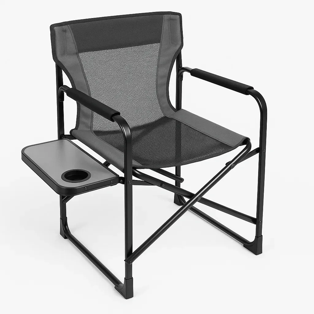 Chaise de camping en acier et maille noire avec tablette et porte gobelet