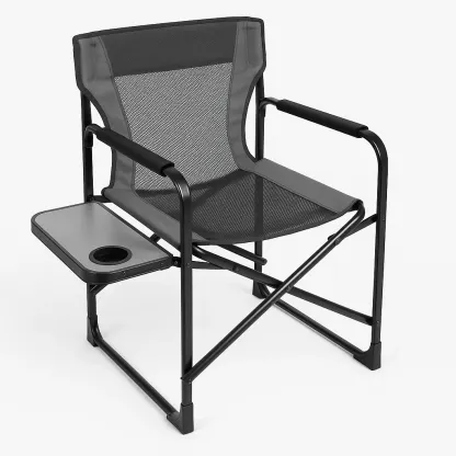 Chaise de camping en acier et maille noire avec tablette et porte gobelet