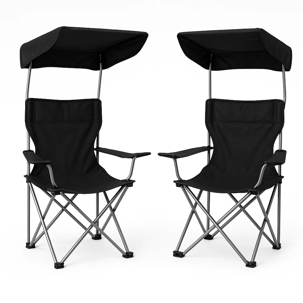 Chaise de camping avec pare soleil en acier et tissu polyester noir