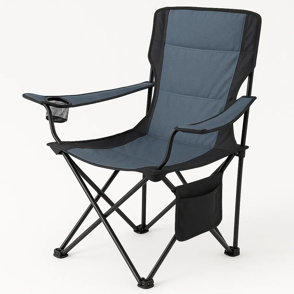 Chaise de camping en métal et tissu bleu et noir