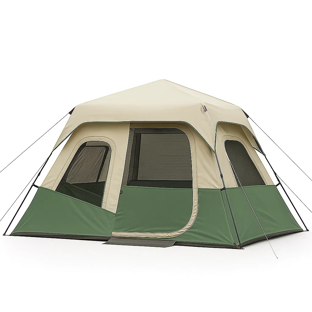 Tente de camping en polyester vert et beige avec armature métallique