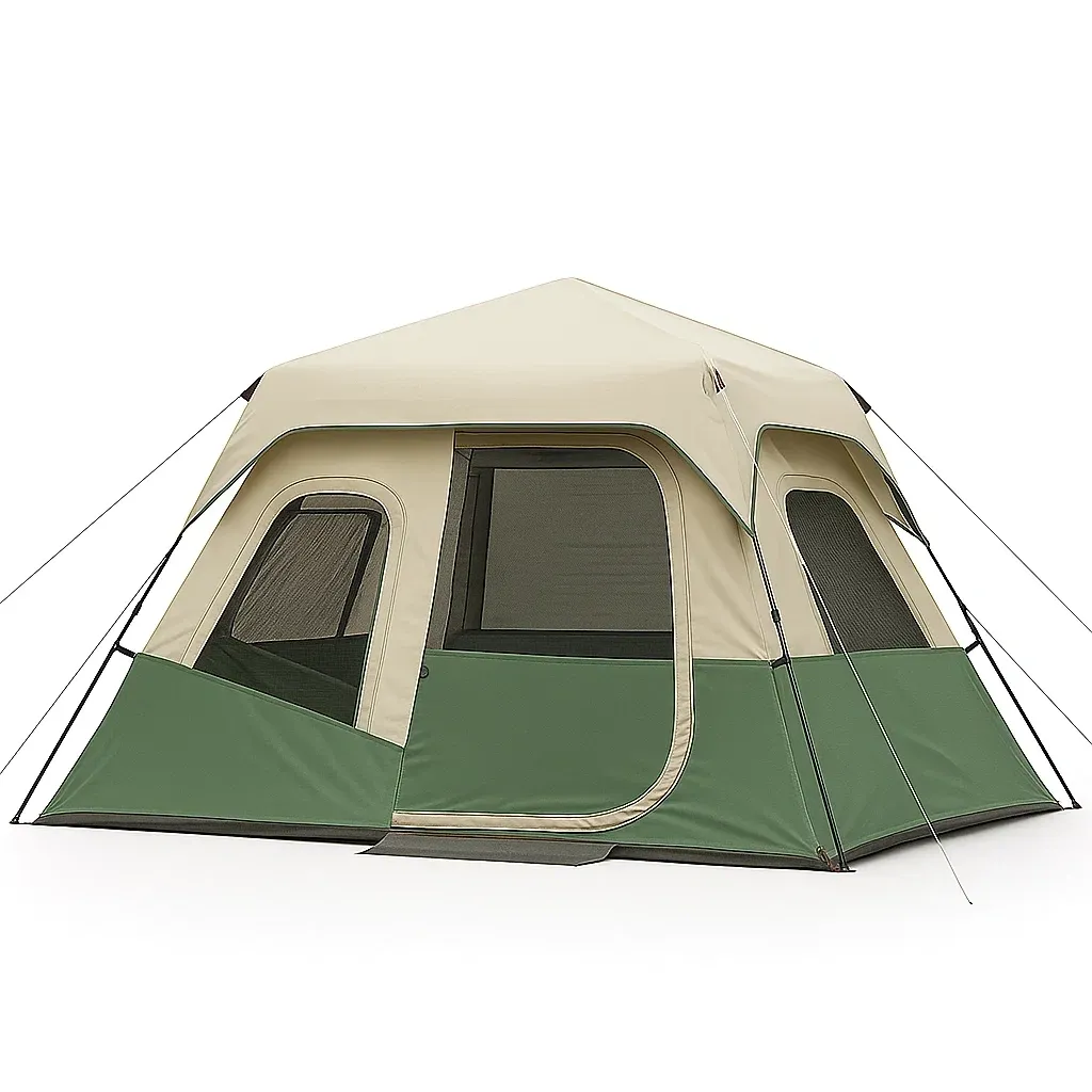 Tente de camping en polyester vert et beige avec armature métallique