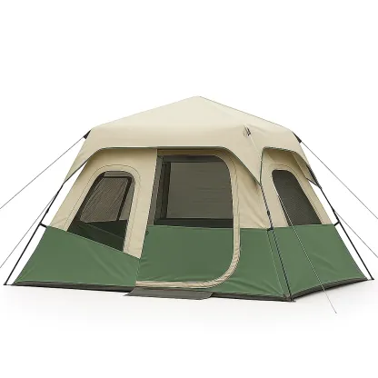 Tente de camping en polyester vert et beige avec armature métallique