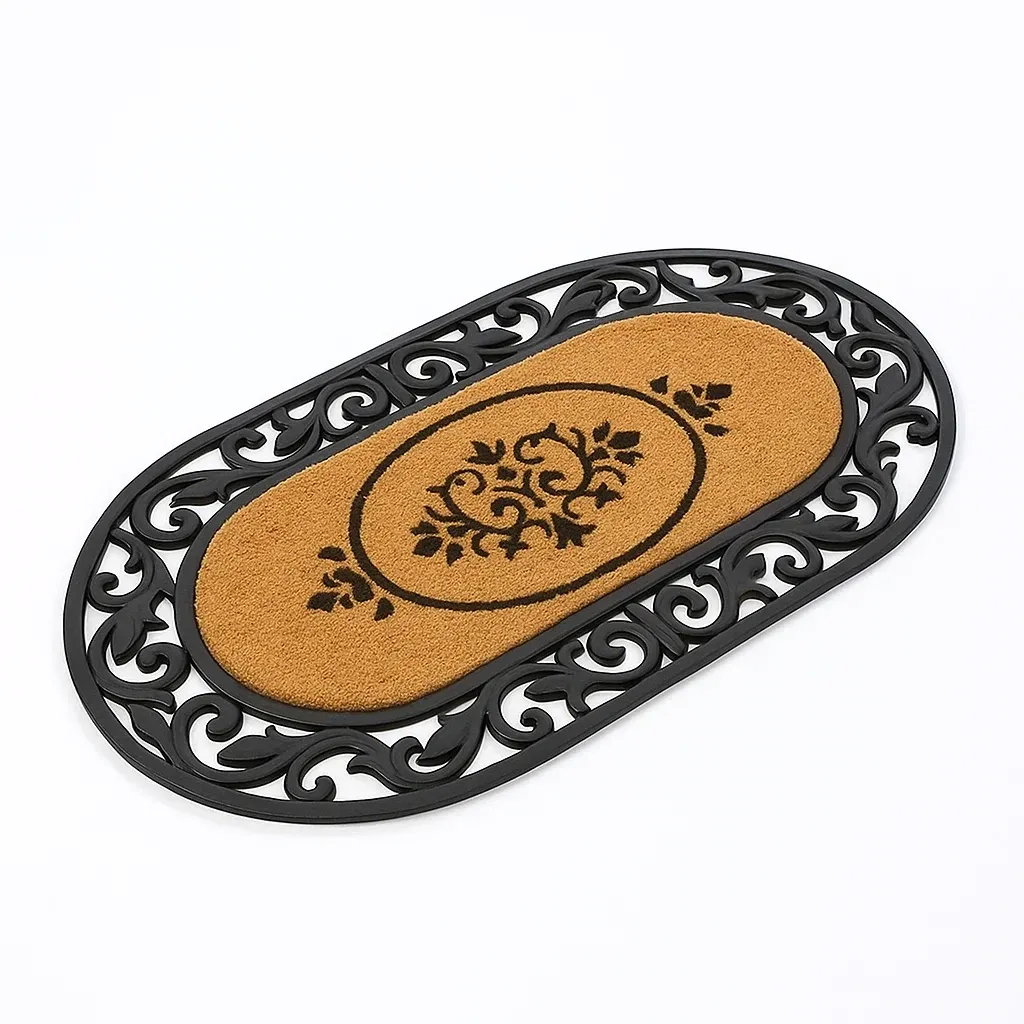 Tapis d'entrée ovale en coco et caoutchouc noir et beige motif floral 75x45 cm