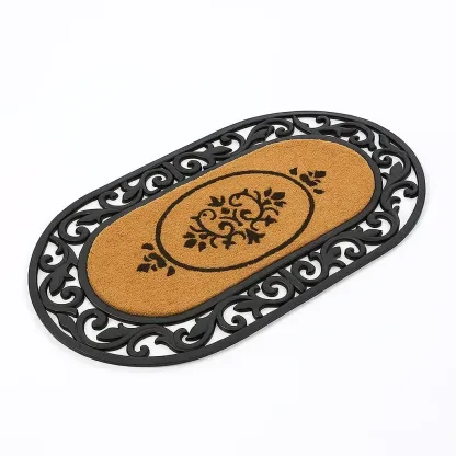 Tapis d'entrée ovale en coco et caoutchouc noir et beige motif floral 75x45 cm