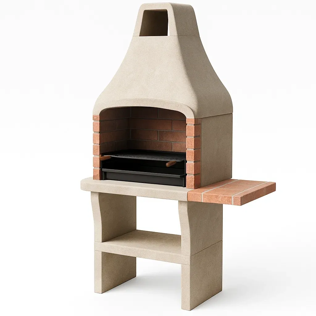 Barbecue en pierre réfractaire beige avec briques rouges et grille en acier